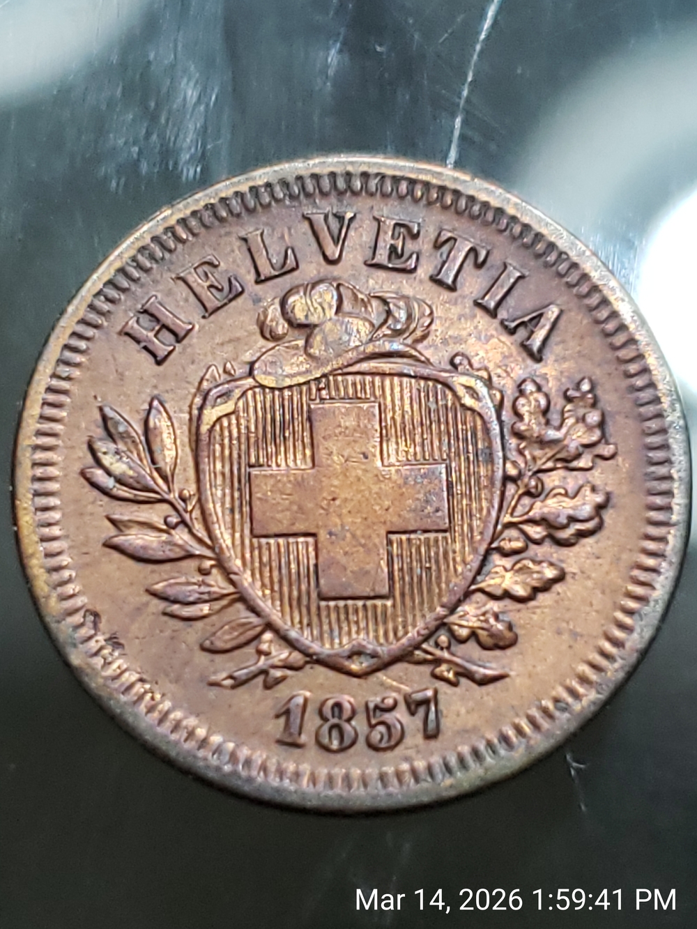 Swiss 1857 Copper Coin - Helvetia Shield Design